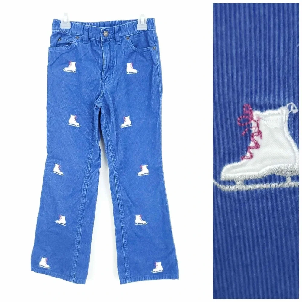 Lands' End Corduroy Ice Skate Embroidered Pants 7 Blue White Girls Winter Pant